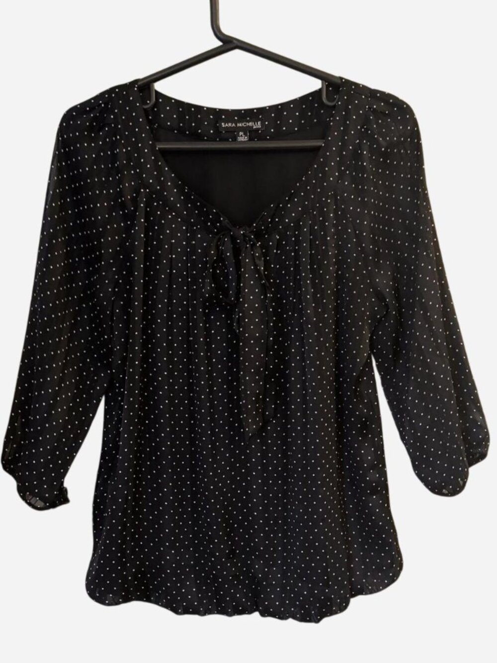 Sara Michelle Black Polka Dot Tie-Neck Blouse Size PL